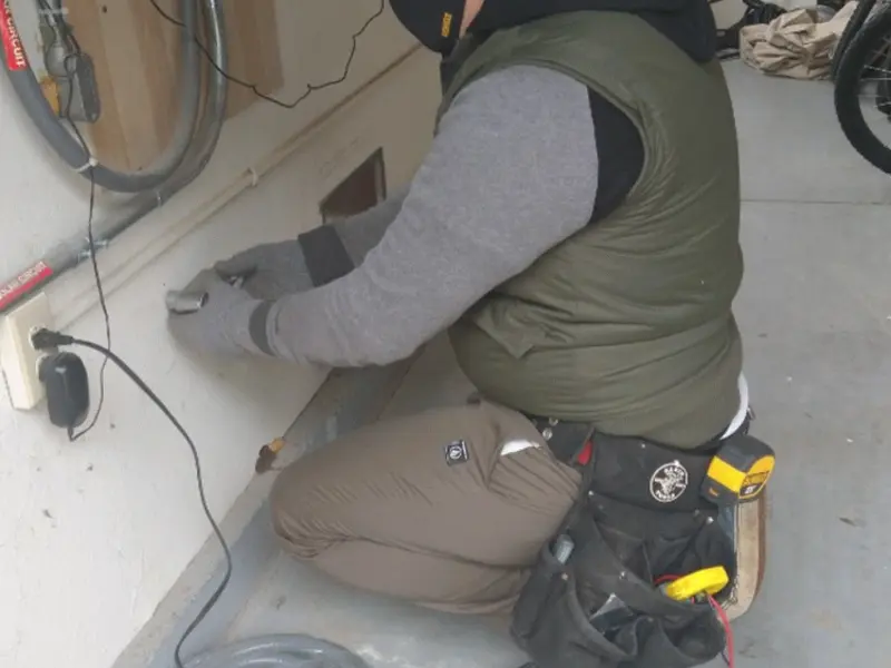 Electrician performing outlet wiring in a Independence garage